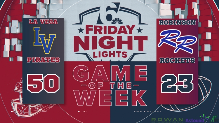 Exciting high school football game between La Vega Pirates and Robinson Rockets under stadium lights.